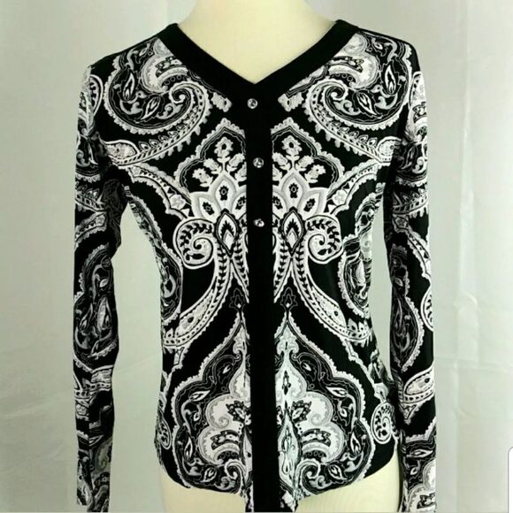 INC Petite Blouse Size S PS Rhinestone Blk Wht - Picture 1 of 4